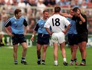 21 June 1998; Dublin's Dessie Farrell, left, is sent off by referee Michael Curly during the Bank of Ireland Leinster Senior Football Championship Quarter-Final Replay match between Kildare and Dublin at Croke Park in Dublin. Photo by David Maher/Sportsfile