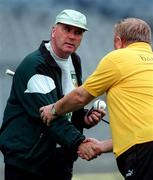 26 July 1998; Antrim manager Sean McGuinness shakes hands with Offaly Manager Michael Bond prior to the Guinness All-Ireland Senior Hurling Championship Quarter-Final match between Offaly and Antrim at Croke Park in Dublin. Photo by Ray McManus/Sportsfile
