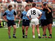 21 June 1998; Referee Michael Curly sends off Dessie Farrell of Dublin, left, during the Bank of Ireland Leinster Senior Football Championship Quarter-Final Replay match between Kildare and Dublin at Croke Park in Dublin. Photo by David Maher/Sportsfile