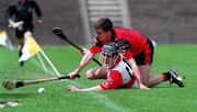 21 June 1998; Paddy McEldowney of Derry in action against Barry Smith of Down during the Guinness Ulster Senior Hurling Championship Semi-Final match between Derry and Down at Casement Park in Belfast, Antrim. Photo by Damien Eagers/Sportsfile