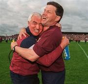 2 August 1998; Galway manager John O'Mahony and Mick Byrne, assistant physio, left, celebrate after the final whistle of the Bank of Ireland Connacht Senior Football Championship Final Replay between Roscommon and Galway at Dr Hyde Park in Roscommon. Photo by Brendan Moran/Sportsfile