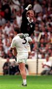 21 June 1998; Kildare goalkeeper Paul Flood celebrates with team-mate Shane Sutton following their victory in the Leinster Junior Football Championship at at Croke Park in Dublin. Photo by David Maher/Sportsfile