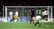 11 June 1990; England goalkeeper Peter Shilton fails to stop the shot of Kevin Sheedy of Republic of Ireland to score his side's first goal during the FIFA World Cup 1990 Group F match between England and Republic of Ireland at Stadio Sant'Elia in Cagliari, Italy. Photo by Ray McManus/Sportsfile