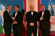 30 November 2001; Sean Og De Paor, Galway receives his award from An Taoiseach Bertie Ahern TD, Paul Donovan, Chief Executive, Eircell Vodafone and Sean McCague, President, Cumann Luthchleas Gael, at the Eircell Vodafone AllStar Awards at the CityWest Hotel, Dublin. Football. Picture credit; Ray McManus / SPORTSFILE *EDI*