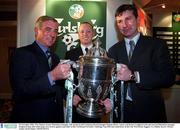 26 November 2001; Pete Mahon, former Bohemians manager, left, pictured with Carlsberg Brand manager Damien Heary, centre, and former Longford Town and current Bohemians manager Stephen Kenny after both teams were drawn against each other in the Carlsberg FAI Senior Challenge Cup 2002 2nd round draw at the City West Hotel, Saggart, Co. Dublin. Soccer. Picture credit; David Maher / SPORTSFILE