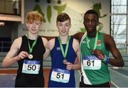 12 November 2016; Prize winners in the Junior Boys event Sean Carolan of St Marys Newport, first, Diarmuid O'Connor of Colaiste Choilm Ballincollig, second, left, and Nelvin Appiah, third, right, of Moyne CS at the Irish Life Health All Ireland Schools Combined Events in Athlone, Co. Westmeath Photo by Oliver McVeigh/Sportsfile