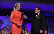 12 November 2016; Senior Players' Player of the Year Bríd Stack of Cork is interviewed by MC Marty Morrissey at the TG4 Ladies Football All Stars awards in Citywest Hotel in Dublin. Photo by Brendan Moran/Sportsfile