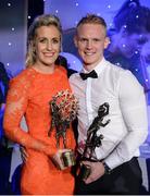 12 November 2016; Senior Players' Player of the Year Bríd Stack from Cork with her fiancée Cártach Keane and her All Star and Players' Player of the Year awards at the TG4 Ladies Football All Stars awards in Citywest Hotel in Dublin. Photo by Cody Glenn/Sportsfile