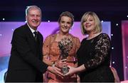 12 November 2016; Briege Corkery of Cork is presented with her All Star award by Marie Hickey, President, LGFA, in the company of Alan Esslemont, Ard Stiúrthóir, TG4, at the TG4 Ladies Football All Stars awards in Citywest Hotel in Dublin. Photo by Brendan Moran/Sportsfile
