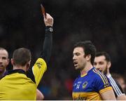 13 November 2016; Referee Joe Mc Quillan giving Aidan Forker a straight red card during the AIB Ulster GAA Football Senior Club Championship semi-final game between Kilcoo and Maghery Sean MacDiarmada at Park Esler in Newry. Photo by Philip Fitzpatrick/Sportsfile