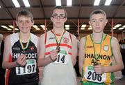 2 April 2011; U-16 Boy's 1500m walk  winner Simon Gilespie, Ballina, Co. Mayo, centre, with second place James Treanor, Shercock AC, Co. Cavan, left, and third place Seamus McMahon, Shannon, Co. Clare. Woodie’s DIY Juvenile Indoor Championships, Nenagh Indoor Stadium, Nenagh, Co. Tipperary. Picture credit: Barry Cregg / SPORTSFILE