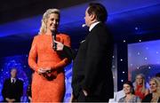 12 November 2016; Senior Players' Player of the Year Bríd Stack of Cork is interviewed by MC Marty Morrissey during the TG4 Ladies Football All Star awards at the Citywest Hotel in Dublin.  Photo by Cody Glenn/Sportsfile