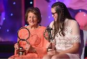 12 November 2016; Biddy Ryan, left, of Tipperary with her Hall of Fame award and Dearbhla Coleman of Armagh with her Ulster Young Player of the Year award during the TG4 Ladies Football All Star awards at the Citywest Hotel in Dublin.  Photo by Cody Glenn/Sportsfile