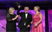 12 November 2016; Marie Hickey, left, President, LGFA, and Helen O'Rourke, CEO, LGFA, make a special presentation to Pól O Gallchóir, Iar-Ceannsaí, TG4, for his contribution to Ladies Football at the TG4 Ladies Football All Stars awards in Citywest Hotel in Dublin. Photo by Brendan Moran/Sportsfile