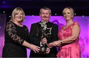12 November 2016; Marie Hickey, left, President, LGFA, and Helen O'Rourke, CEO, LGFA, make a special presentation to Pól O Gallchóir, Iar-Ceannsaí, TG4, for his contribution to Ladies Football at the TG4 Ladies Football All Stars awards in Citywest Hotel in Dublin. Photo by Brendan Moran/Sportsfile