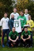 14 November 2016; Irish international star Jeff Hendrick presenting his international jersey and kit which he wore in the European Championship clash with France to Stuart Hayden manager of the Irish Deaf International soccer team at The Deaf Village in Cabra, Dublin. Jeff is the ambassador for DeafHear which, is the national association for Deaf and Hard of Hearing in Ireland. In attendance during the Jeff Hendrick Presentation to Deaf International Soccer Team are from left, back row, Ciaran Lowney and Adrian McCluskey, middle row, Jason Maguire, Stuart Hayden, Jeff Hendrick and Daniel Landers, front row, Eamon Byrne and Sean Young. Photo by Sam Barnes/Sportsfile