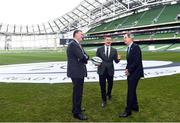 15 November 2016; In attendance at the official launch of Ireland's bid for the 2023 Rugby World Cup at the Aviva Stadium in Lansdowne Road, Dublin are, from left to right, IRFU Chief Executive Philip Browne, bid ambassador Brian O'Driscoll and Chairman of the Bid's Oversight Board Dick Spring. Photo by Ramsey Cardy/Sportsfile
