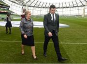 15 November 2016; In attendance at the official launch of Ireland's bid for the 2023 Rugby World Cup at the Aviva Stadium in Lansdowne Road, Dublin are An Tánaiste Frances Fitzgerald, left, and bid ambassador Brian O'Driscoll. Photo by Ramsey Cardy/Sportsfile