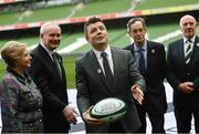 15 November 2016; In attendance at the official launch of Ireland's bid for the 2023 Rugby World Cup at the Aviva Stadium in Lansdowne Road, Dublin is bid ambassador Brian O'Driscoll, centre, in the company of from left, An Tánaiste Frances Fitzgerald T.D., deputy First Minister of Northern Ireland Martin McGuinness, bid chairman Dick Spring and IRFU President Stephen Hilditch. Photo by Ramsey Cardy/Sportsfile