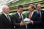 15 November 2016; In attendance at the official launch of Ireland's bid for the 2023 Rugby World Cup at the Aviva Stadium in Lansdowne Road, Dublin are, from left to right, deputy First Minister of Northern Ireland Martin McGuinness, bid ambassador Brian O'Driscoll, An Taoiseach Enda Kenny T.D and bid chairman Dick Spring. Photo by Ramsey Cardy/Sportsfile