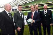 15 November 2016; In attendance at the official launch of Ireland's bid for the 2023 Rugby World Cup at the Aviva Stadium in Lansdowne Road, Dublin are, from left to right, deputy First Minister of Northern Ireland Martin McGuinness, bid ambassador Brian O'Driscoll, An Taoiseach Enda Kenny T.D., bid chairman Dick Spring and IRFU President Stephen Hilditch. Photo by Ramsey Cardy/Sportsfile