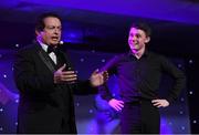 12 November 2016; MC Marty Morrissey with Jack Quinn on stage at the TG4 Ladies Football All Stars awards in Citywest Hotel in Dublin.  Photo by Brendan Moran/Sportsfile
