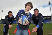 6 April 2011; St Michael’s House, one of Ireland’s largest providers of community based services for children and adults with an intellectual disability, has teamed-up with Leinster Rugby to promote tag rugby for those with an intellectual disability in Ireland. Leinster’s Ireland ‘A’ centre Eoin O’Malley, left, Scotland and Lions lock Nathan Hines, and St Michael’s House service user Sam Lennord, age 14, turned out to celebrate the launch of the partnership at Leinster’s Donnybrook Stadium today. St Michael’s House has introduced tag rugby training for their service users to promote social inclusion and boost physical well being. Representatives from Leinster Rugby are currently training over thirty St Michael’s House service users to compete in a tag rugby blitz this summer. Donnybrook Stadium, Donnybrook, Dublin. Picture credit: Brian Lawless / SPORTSFILE