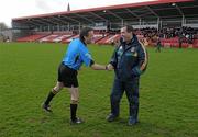 3 April 2011; Meath manager Seamus McEnaney greets referee Maurice Deegan before the start of the game. Allianz Football League Division 2 Round 6, Derry v Meath, Celtic Park, Derry. Photo by Sportsfile