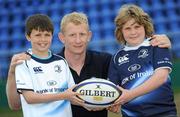 6 April 2011; Leinster's Leo Cullen with budding rugby stars Max Dowling, age 11, from Anglesea Road, left, and Tommy Inglis, age 11, from Mount Merrion, at the launch of the Volkswagen Leinster Rugby Summer Camps 2011. Leinster Rugby Summer Camps Announcement, Donnybrook Stadium, Donnybrook, Dublin. Picture credit: Brian Lawless / SPORTSFILE