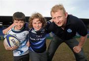 6 April 2011; Leinster's Leo Cullen with budding rugby stars Max Dowling, age 11, from Anglesea Road, left, and Tommy Inglis, age 11, from Mount Merrion, at the launch of the Volkswagen Leinster Rugby Summer Camps 2011. Leinster Rugby Summer Camps Announcement, Donnybrook Stadium, Donnybrook, Dublin. Picture credit: Brian Lawless / SPORTSFILE