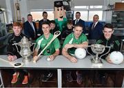 17 November 2016; Kilkenny hurler Cillian Buckley and Dublin footballer Eoghan O'Gara with hurler Adrian Mullen, far left, of St. Kieran's  College, Kilkenny, footballer Davy Keogh, far right, of St. Benildus College, Dublin, hurler Martin Keoghan, centre left, of St. Kieran's College, Kilkenny, footballer Tom Keane, centre right, of St. Benildus College, and back row, from left, Top Oil representatives Martin Daly, Andrew Meagher, James Fitzgerald, and Charlie Carter, with Top Oil Mascot &quot;Mr. Ted&quot; during the Launch of the Top Oil sponsorship of the Leinster GAA Schools Senior Championships at St. Vincent's CBS, Dublin. Photo by Cody Glenn/Sportsfile