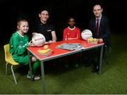 17 November 2016; Republic of Ireland Manager Martin O’Neill and former Republic of Ireland International Keith Andrews were on hand today to launch the SPAR FAI Primary School 5s Programme in Aviva Stadium. The five-a-side school blitzes are open to boys and girls from 4th, 5th and 6th class. Registration will close on February 17th. For further information or to register your school please see www.spar.ie or www.faischools.ie. Pictured are former Republic of Ireland international Keith Andrews, left, Republic of Ireland manager Martin O'Neill, right, and pupils from St Bernadette's Senior National School, Clondalkin, Abbie Tucker, age 11, and Akinola Adeyinka age 11, at the Aviva Stadium, Dublin.  Photo by Seb Daly/Sportsfile