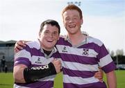 6 April 2011; Diarmuid Kennedy, left, and Peadar Timmons, Clongowes Wood College SJ, celebrate victory after the game. Leinster Schools Senior Seconds Final, Blackrock College v Clongowes Wood College SJ, Templeville Road, Dublin. Picture credit: Barry Cregg / SPORTSFILE
