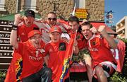 9 April 2011; Munster supporters, back row, from left to right, TJ Bluett, from Effin, Co. Limerick, Jason Fitzgibbon, from Carrigtouhill, Cork, Tadhg O'Donoghue, from Glen of Aherlow, Co. Tipperary, Shane Howard, Ballyhooley, Co. Cork, front row, from left to right, Shane Doyle, from Clareview, left, and Tommy Bluett, aged 11, from Effin, Co. Limerick, ahead of the game. Amlin Challenge Cup Quarter-Final, Brive v Munster, Stadium Municipal Amédée Domenech, Brive, France. Picture credit: Diarmuid Greene / SPORTSFILE