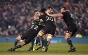 19 November 2016; Jared Payne, right, and Paddy Jackson of Ireland have their way blocked by Aaron Cruden, left, Ardie Savea and Wyatt Crockett of New Zealand during the Autumn International match between Ireland and New Zealand at the Aviva Stadium in Dublin. Photo by Brendan Moran/Sportsfile