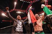 19 November 2016; UFC Lightweight and Featherweight champion Conor McGregor celebrates with fellow SBG gym fighter Artem Lobov after his victory over Teruto Ishihara in their Featherweight bout at UFC Fight Night 99 in the SSE Arena, Belfast. Photo by David Fitzgerald/Sportsfile