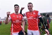 20 November 2016; David Treacy, left, and Colm Cronin of Cuala celebrate at the end of the AIB Leinster GAA Hurling Senior Club Championship semi-final match between St. Mullins and Cuala at Netwatch Cullen Park in Carlow. Photo by David Maher/Sportsfile