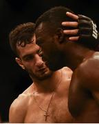 19 November 2016; Gegard Mousasi, left, embraces Uriah Hall following their Middleweight bout at UFC Fight Night 99 in the SSE Arena, Belfast. Photo by David Fitzgerald/Sportsfile