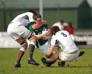 10 April 2011; Peter Dooley, Ireland U18 Clubs, is tackled by Elliott Stooke, left, and Joe Robinson, England U18 Clubs & Schools. Ireland U18 Clubs v England U18 Clubs & Schools, Ashbourne RFC, Ashbourne, Co. Meath. Picture credit: Ray Lohan / SPORTSFILE