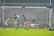 10 April 2011; Dessie Dolan, Westmeath, beats Offaly goalkeeper Alan Mulhall, only to have his shot saved on the line from John Reynolds, far left. Allianz Football League, Division 2, Round 7, Westmeath v Offaly, Cusack Park, Mullingar, Co. Westmeath. Picture credit: David Maher / SPORTSFILE