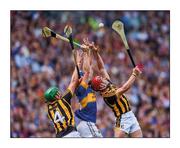 4 September 2016; Challenging the Cats’ aerial supremacy. John McGrath battles in the air with Kilkenny defenders Shane Prendergast, left, and Cillian Buckley  Photo by Sportsfile  This image may be reproduced free of charge when used in conjunction with a review of the book &quot;A Season of Sundays 2016&quot;. All other usage © SPORTSFILE