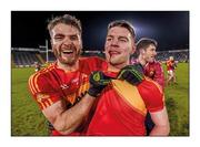 13 February 2016; Bloodied and beaming. Castlebar Mitchels’ Ger McDonagh, left, and Aidan Walsh celebrate a one-point semi-final win over Crossmaglen Rangers in Cavan  Picture credit: Stephen McCarthy / SPORTSFILE  This image may be reproduced free of charge when used in conjunction with a review of the book &quot;A Season of Sundays 2016&quot;. All other usage © SPORTSFILE