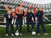 23 November 2016; At the announcement of Aviva’s sponsorship of the FAI’s Soccer Sisters programme from 2017 – 2020 in Aviva Stadium, Dublin, are, from left, Republic of Ireland's Savannah McCarthy with Chloe Kelly, age 8, Republic of Ireland's Stephanie Roche with Abbey Larkin, age 11, Republic of Ireland's Leanne Kiernan with Alanah Ferrari, age 9, and Republic of Ireland's Denise O'Sullivan with Abigail Ryan, age 8. Aviva’s sponsorship of the programme will see an expansion to a planned 120 venues across Ireland in 2017 along with an Aviva Soccer Sisters Schools programme and an Aviva Soccer Sisters Nursery Academy which will target girls between 5 and 8 years old.  Pre-registration is open now at www.fai.ie/soccersisters or if you are interested in hosting an Aviva Soccer Sisters camp in 2017 contact soccersisters@fai.ie #AvivaSoccerSisters. Photo by Cody Glenn/Sportsfile