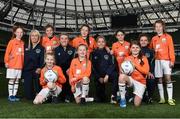 23 November 2016; At the announcement of Aviva’s sponsorship of the FAI’s Soccer Sisters programme from 2017 – 2020 in Aviva Stadium, Dublin, are Alanah Ferrari, age 9, Republic of Ireland's Stephanie Roche , Nicole Whelan, age 9, Abbey Larkin, age 11, Republic of Ireland's Savannah McCarthy, Chloe Kelly, Holly Kelly, Republic of Ireland's Denise O'Sullivan, Abigail Ryan, age 8, Abbi Jane Kavanagh, age 9, Republic of Ireland's Leanne Kiernan, and Danielle Holmes, age 11. Aviva’s sponsorship of the programme will see an expansion to a planned 120 venues across Ireland in 2017 along with an Aviva Soccer Sisters Schools programme and an Aviva Soccer Sisters Nursery Academy which will target girls between 5 and 8 years old.  Pre-registration is open now at www.fai.ie/soccersisters or if you are interested in hosting an Aviva Soccer Sisters camp in 2017 contact soccersisters@fai.ie #AvivaSoccerSisters. Photo by Cody Glenn/Sportsfile
