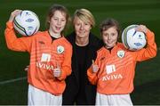 23 November 2016; At the announcement of Aviva’s sponsorship of the FAI’s Soccer Sisters programme from 2017 – 2020 in Aviva Stadium, Dublin, is Republic of Ireland manager Sue Ronan with Danielle Holmes, left, and Abbey Larkin, both 11, and both from Ringsend. Aviva’s sponsorship of the programme will see an expansion to a planned 120 venues across Ireland in 2017 along with an Aviva Soccer Sisters Schools programme and an Aviva Soccer Sisters Nursery Academy which will target girls between 5 and 8 years old.  Pre-registration is open now at www.fai.ie/soccersisters or if you are interested in hosting an Aviva Soccer Sisters camp in 2017 contact soccersisters@fai.ie #AvivaSoccerSisters. Photo by Cody Glenn/Sportsfile