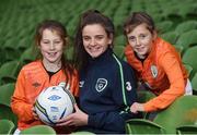 23 November 2016; At the announcement of Aviva’s sponsorship of the FAI’s Soccer Sisters programme from 2017 – 2020 in Aviva Stadium, Dublin, is Republic of Ireland's Leanne Kiernan with youth members of the Aviva Soccer Sisters Danielle Holmes, left, and Abbey Larking, both age 11 and from Ringsend, Dublin. Aviva’s sponsorship of the programme will see an expansion to a planned 120 venues across Ireland in 2017 along with an Aviva Soccer Sisters Schools programme and an Aviva Soccer Sisters Nursery Academy which will target girls between 5 and 8 years old.  Pre-registration is open now at www.fai.ie/soccersisters or if you are interested in hosting an Aviva Soccer Sisters camp in 2017 contact soccersisters@fai.ie #AvivaSoccerSisters. Photo by Cody Glenn/Sportsfile