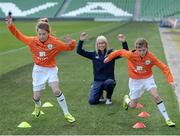 23 November 2016; At the announcement of Aviva’s sponsorship of the FAI’s Soccer Sisters programme from 2017 – 2020 in Aviva Stadium, Dublin, is Republic of Ireland's Stephanie Roche teaching drills to Danielle Holmes, left, and Abbey Larkin, both age 11, and from Ringsend, Dublin. Aviva’s sponsorship of the programme will see an expansion to a planned 120 venues across Ireland in 2017 along with an Aviva Soccer Sisters Schools programme and an Aviva Soccer Sisters Nursery Academy which will target girls between 5 and 8 years old.  Pre-registration is open now at www.fai.ie/soccersisters or if you are interested in hosting an Aviva Soccer Sisters camp in 2017 contact soccersisters@fai.ie #AvivaSoccerSisters. Photo by Cody Glenn/Sportsfile