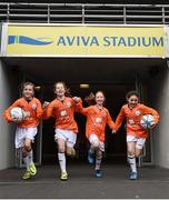 23 November 2016; At the announcement of Aviva’s sponsorship of the FAI’s Soccer Sisters programme from 2017 – 2020 in Aviva Stadium, Dublin, are, from left, Danielle Holmes, age 11, Abbey Larkin, age 11, Alanah Ferrari, age 9, and Abigail Ryan, age 8, running out of the tunnel. Aviva’s sponsorship of the programme will see an expansion to a planned 120 venues across Ireland in 2017 along with an Aviva Soccer Sisters Schools programme and an Aviva Soccer Sisters Nursery Academy which will target girls between 5 and 8 years old.  Pre-registration is open now at www.fai.ie/soccersisters or if you are interested in hosting an Aviva Soccer Sisters camp in 2017 contact soccersisters@fai.ie #AvivaSoccerSisters. Photo by Cody Glenn/Sportsfile