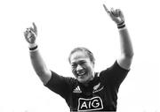 23 November 2016; (EDITORS NOTE: Image converted to black and white) New Zealand captain Kelly Russell celebrates following the Women's Rugby International game between Canada and New Zealand at Donnybrook Stadium in Dublin. Photo by David Fitzgerald/Sportsfile
