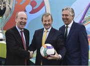 24 November 2016; An Taoiseach Enda Kenny T.D centre with Minister for Transport, Tourism & Sport Shane Ross T.D left and FAI CEO John Delaney right at UEFA EURO 2020 Host City Logo Launch – Dublin at CHQ Building in North Wall Quay, Dublin. Photo by David Maher/Sportsfile